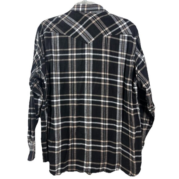 Wrangler Western 2XL Tall Flannel Pearl Snap Plaid Shirt Blk/Brn Cowboy EUC - Picture 2 of 7